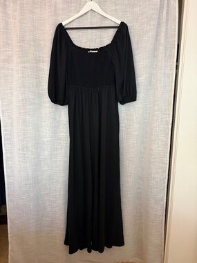 Three Bird Nest Black Smocked Maxi Dress with Puff Sleeves